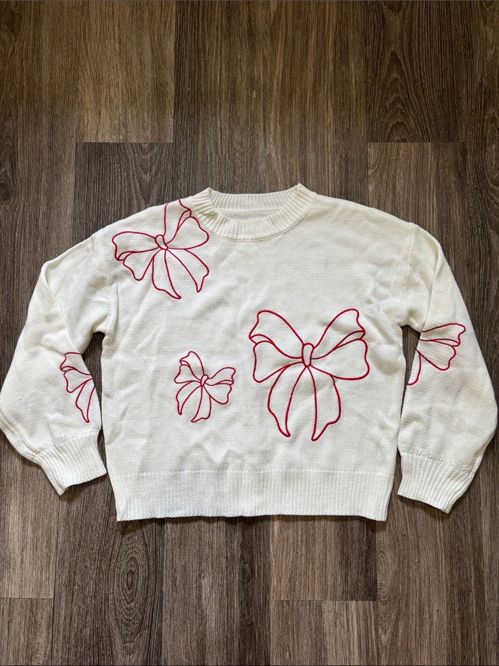 Cream Sweater with Red Bow Embroidery - Women